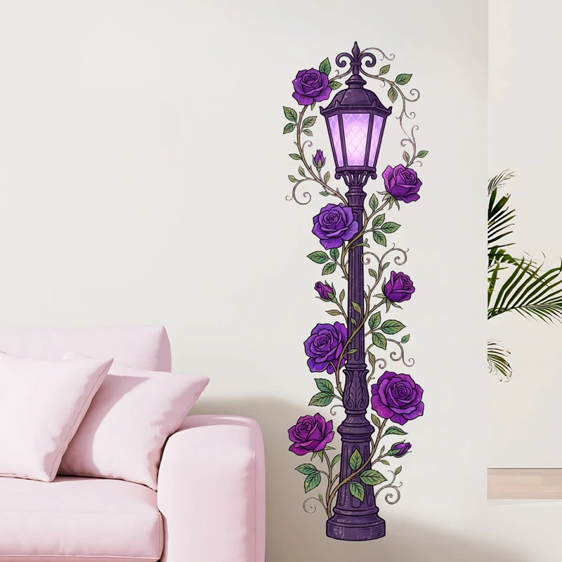 Retro Streetlight in 88CM Height Rose Flowers Vines Vinyl Mural Stickers on the Door Wall for Aesthetic Rooms Home Decoration