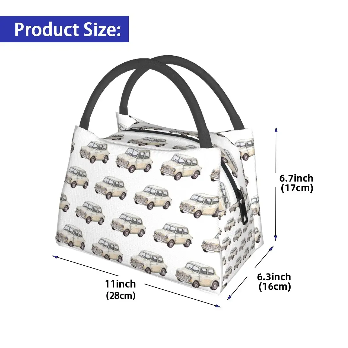 Classic White Mini Cooper In Watercolor Style Insulated Lunch Bag for School Storage Food Boxes Leakproof Thermal Lunch Box Tote