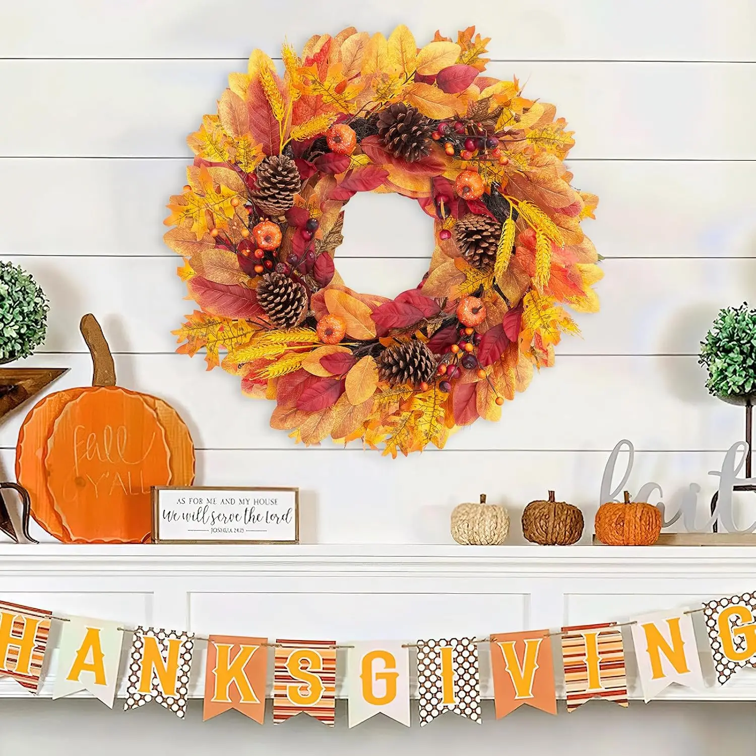 Fall Front Door Wreath 24” Artificial Wreath with Pumpkins, Maple Leaves Berries, Wheat, Fall Orange Wreath for Front Door Wall