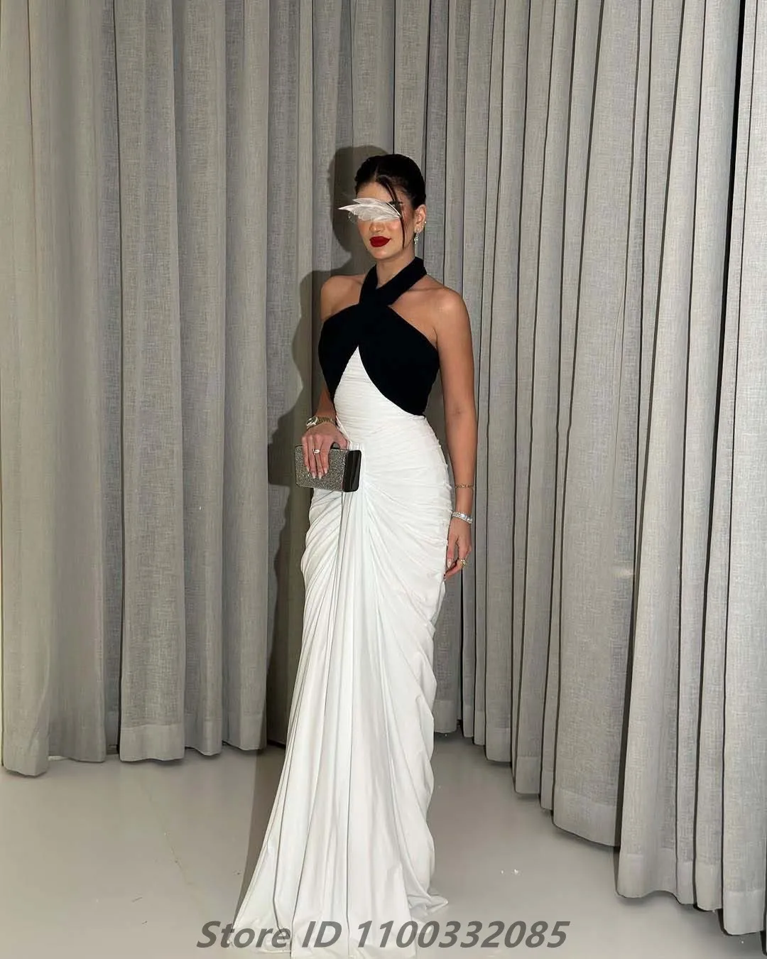 Eightale Black And White Chiffon Evening Dress Cross Halter Neck Prom Party Dress Saudi Women Dubai Formal Gowns Customized