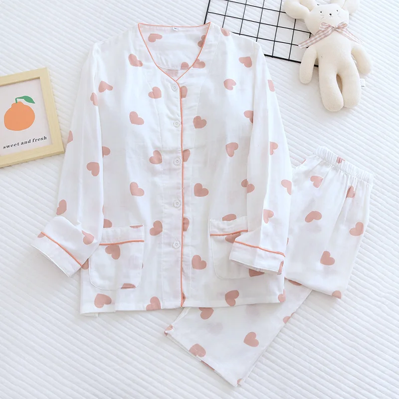 

Spring and Autumn 2024 New Women's Pajama Set with Chest Cushion 100% Cotton Gauze V-Neck Long Sleeve Pants Two Piece Home Suit