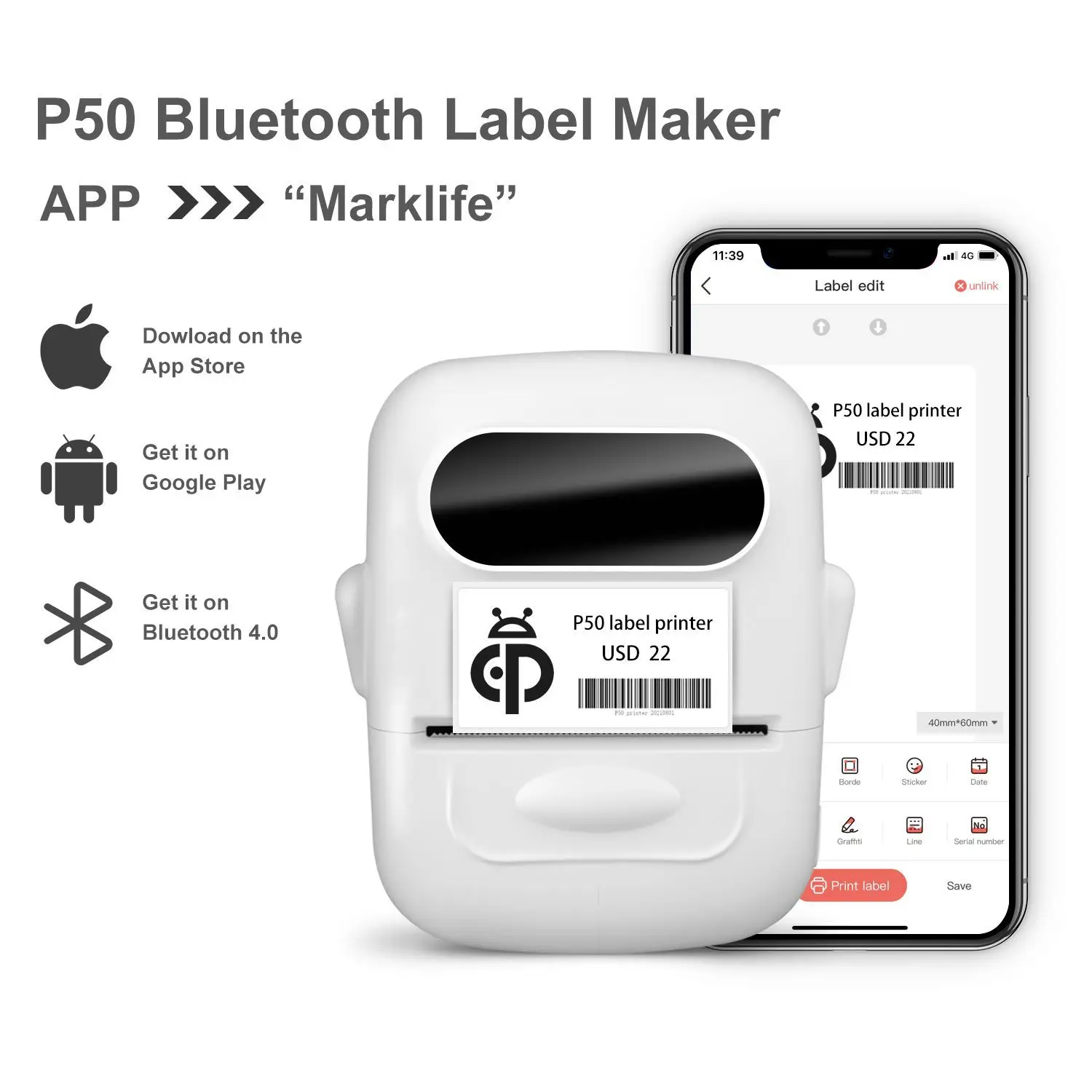 Barcode Label Printer for Home and Business Apply to Labeling Office Cable Retail Bluetooth Label Maker with Thermal Label Paper