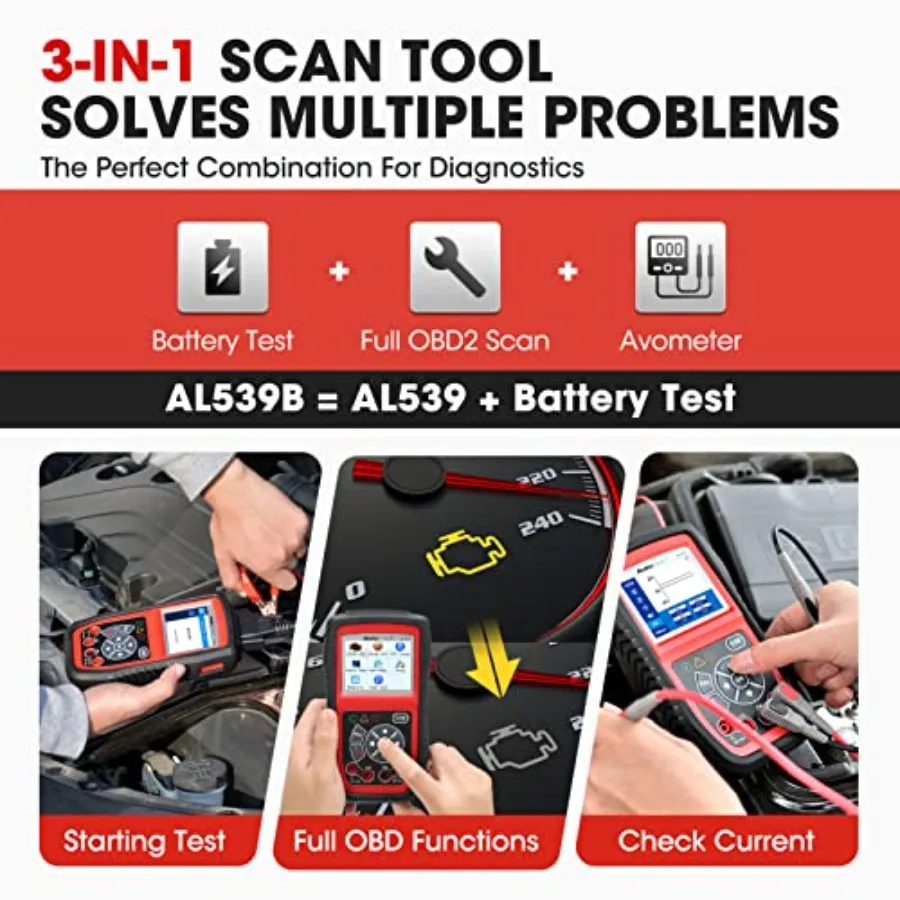 AL539B Obd2 الماسح الضوئي 3in1 قارئ الرمز جهاز اختبار بطارية Avometer لبطاريات 12 فولت تشخيص OBDII الكامل وبداية الدائرة C