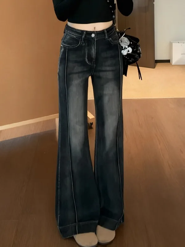 Retro Jeansy Damskie Plus Size w Stylu Vintage z Szerokimi Nogawkami, Jesienno-Zimowe, Nowe, Wyszczuplające Długie Spodnie