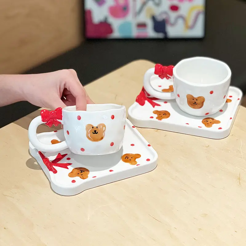Cute hand-painted teddy bear cup and dish set, ceramic mug, coffee cup, afternoon tea, exquisite gift giving