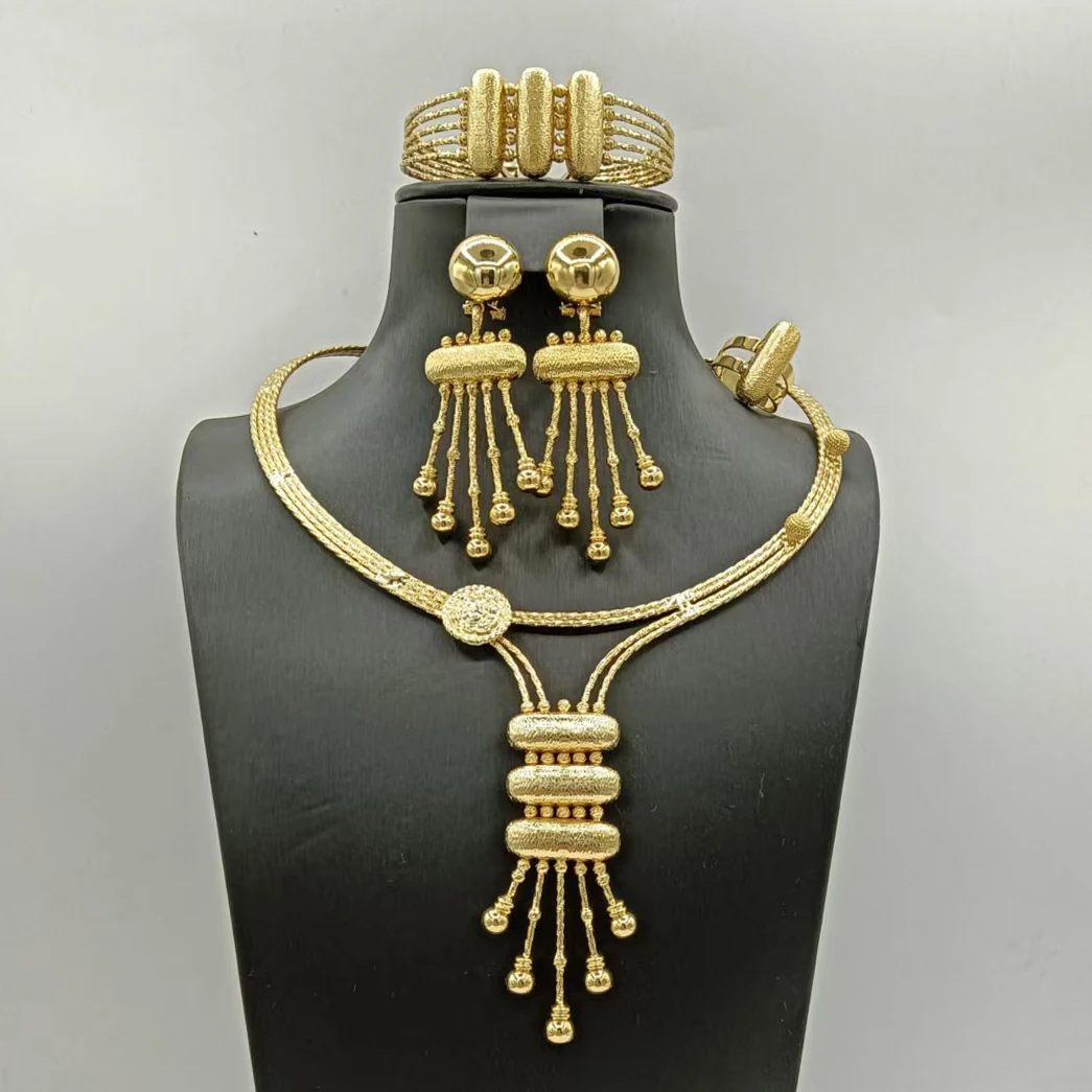 Tri Color 18K Gold Plated Tassel Jewelry Set For Women African Dubai Bridal Choker Necklace Drop Earrings Bangle Ring Luxury