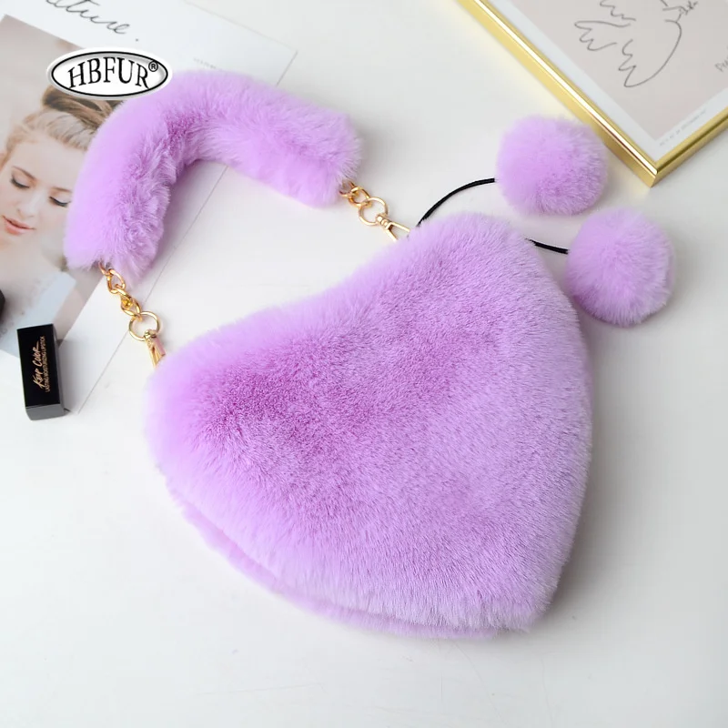 2024 Small Women Handbags Faux Fur Heart-shaped Fluffy Plush Ladies Chain Shoulder Bag Fashion Female Furry Daily Clutch Purse