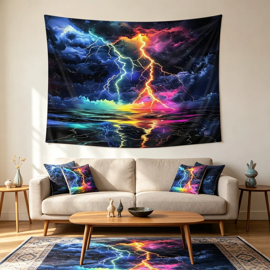 1PC Rainbow Lightning Art Print Backdrop Banner, Bedroom Living Room Photo Background, Polyester, Home Decor, Wall Art