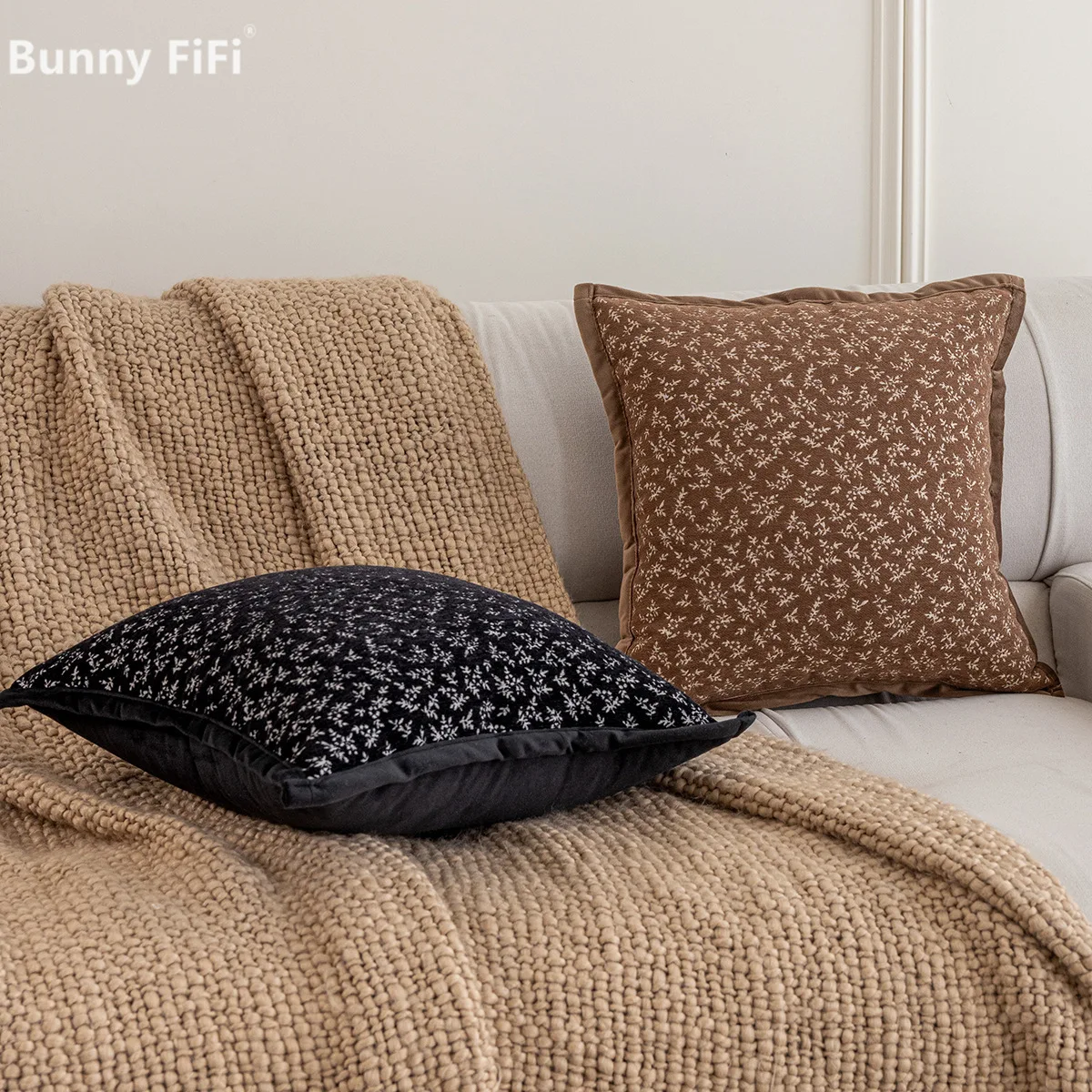 Floral Black & Orange Boho Cushion Covers Soft Modern Chenille Decorative Throw Pillow Cases With Edge For Sofa Bed Home Decor
