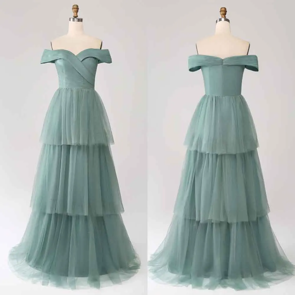 

High Quality Customized Floor Length Off Shoulder Wrinkle Tiered Sleeveless Vestido De Festa De Casamento Dress for Women Dress