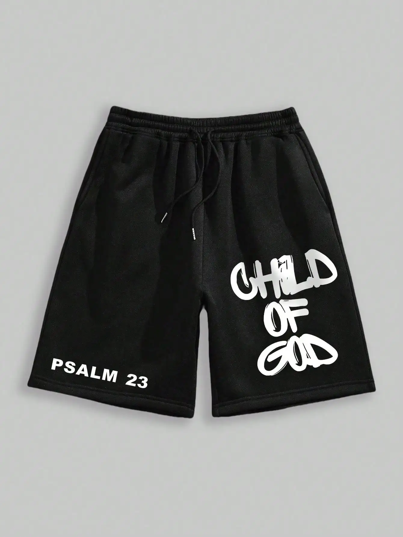

Men's Black Drawstring Shorts With Child Of God Psalm 23 Graphic Streetwear Casual