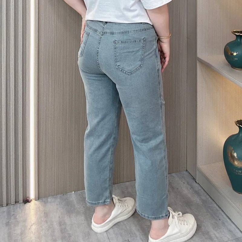 Pantalones vaqueros finos de talla grande para mujer, Vaqueros elásticos ajustados de cintura alta, rectos hasta el tobillo, novedad de verano, 2024