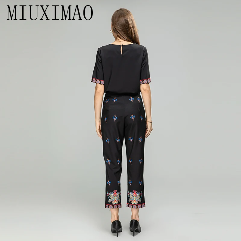 MIUXIMAO 2023 Fall Luxury Diamonds Sicily Elegant Set Flower Prints Top+ Slim Pants Fashion Two-piece Set Women