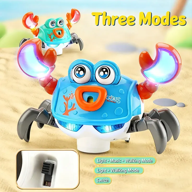 Juguete eléctrico omnidireccional de cangrejo para gatear de dibujos animados para bebés con luces LED, música, movimientos biónicos, regalo educativo divertido