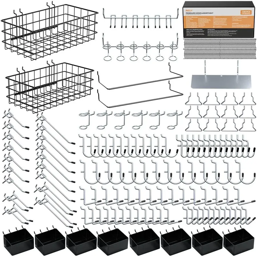 

238PCS Pegboard Accessories Organizer Kit, Peg Board Hooks Assortment with Peg Bins, Baskets, Paper Towel Holder for 1 8 and 1 4
