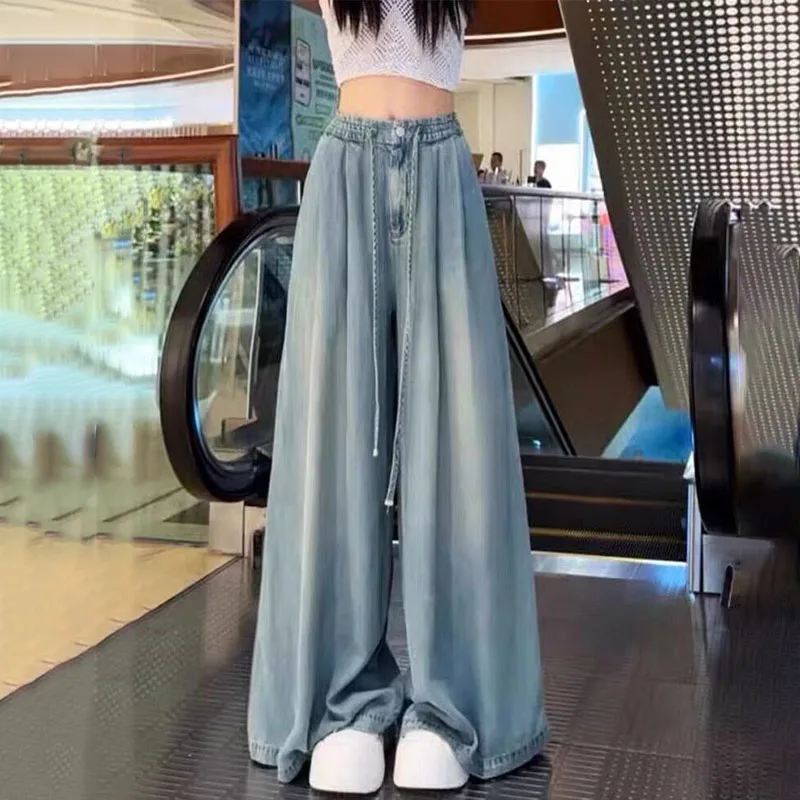 

New Women Stretched-waist Soft Jeans Spring Summer Thin Design With A Good Drape Wide-leg Pants Female Casual Denim Trousers 4XL