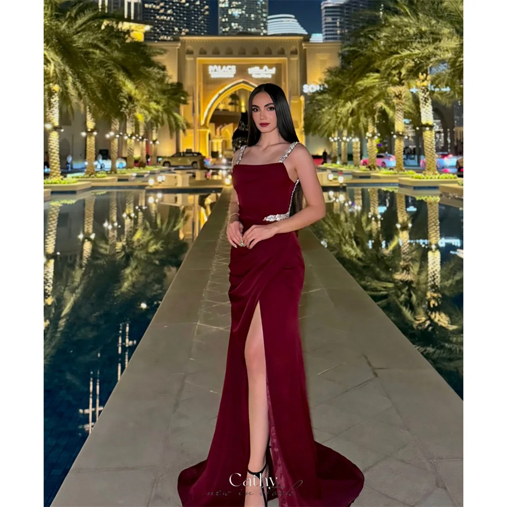 

Cathy Customized Burgundy Mermaid Square Collar Prom Dresses Rhinestones Luxury vestidos de noiva Side High Split Formal Evening