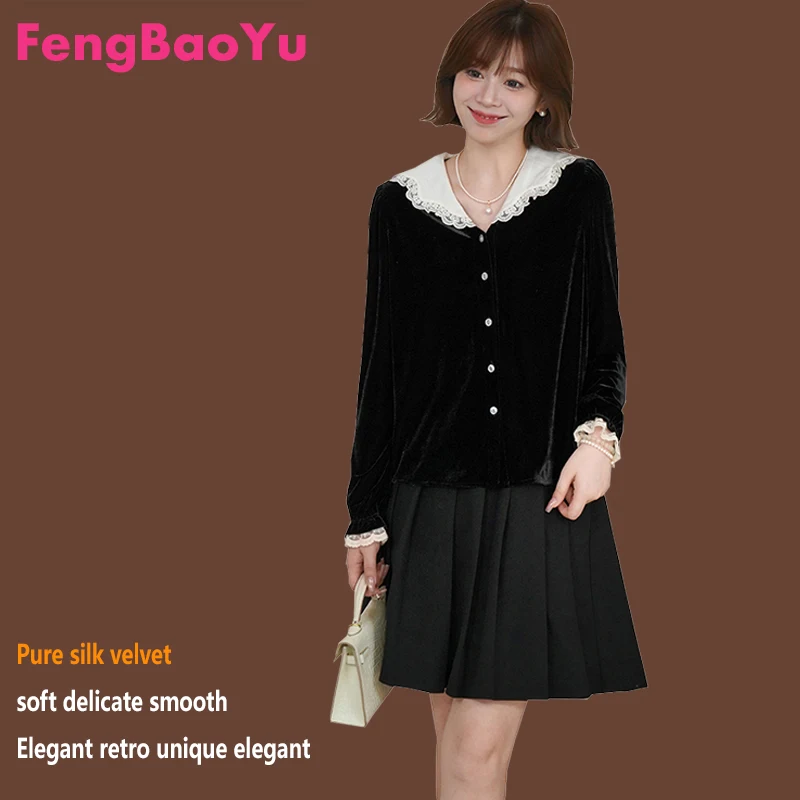 

Natural Mulberry Silk Velvet Women's Blouse with Lace Trim. Elegant Dress with Soft and Smooth Fabric, Perfect for Skin Contact