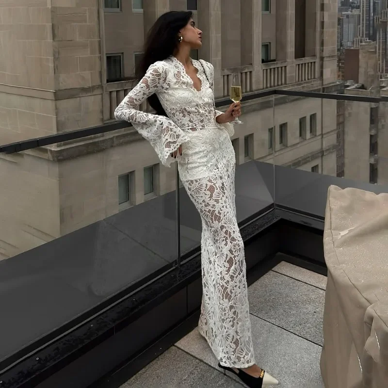 

White Lace Long Dress Elegant Lace Patchwork Lace Lace-up Slit V Neck Sexy Long Dress Luxury Women Party Evening Dress