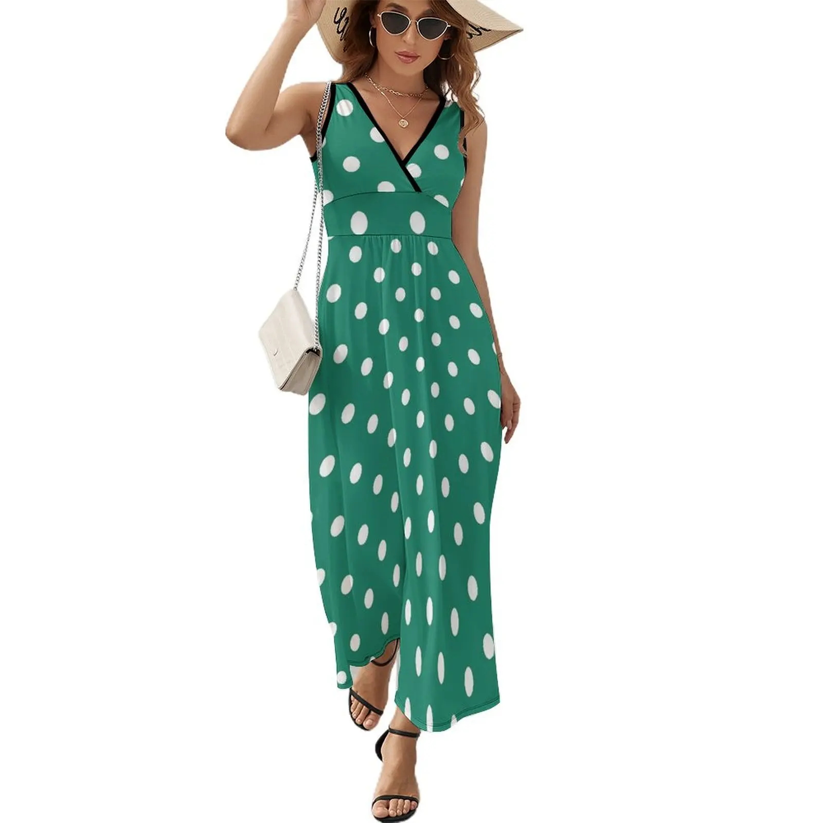 

Vintage Polka Dots Dress White And Green Beach Maxi Dress V Neck Design Bohemia Long Dresses Street Style Oversized Vestidos