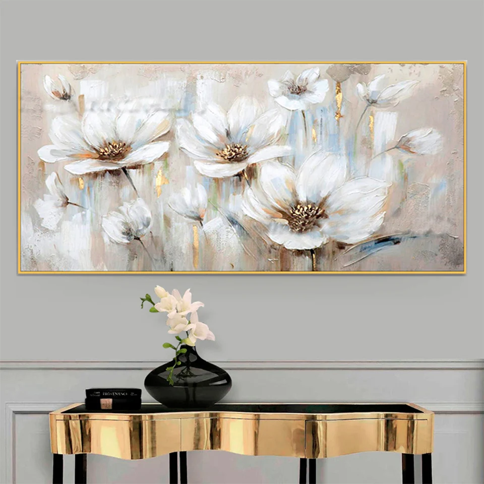 Abstract Golden White Flowers Dipinto a mano Pittura diamante Fai da te Puzzle Immagine Mosaico 5d diamante ricamo Pittura Home Decor,