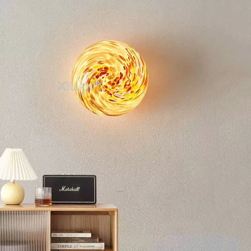 Creative Concealed Base Stained Glass Wall Lamps 12cm 15cm Round Ball Wall Light for Bedroom Bedside Living Room Atmosphere Deco