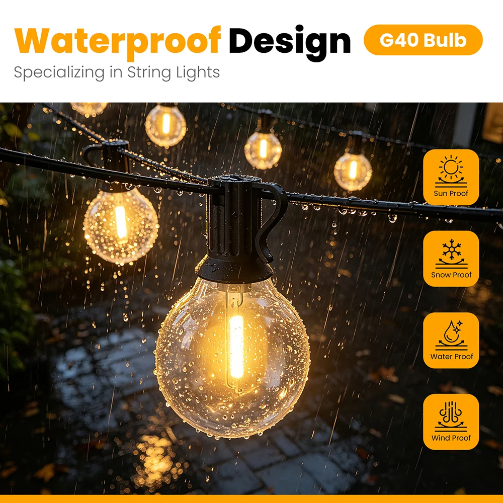 Outdoor Solar G40 LED String Light Waterproof Retro Edison Globe E12 Bulbs Fairy Garland for Garden Patio Christmas Decor
