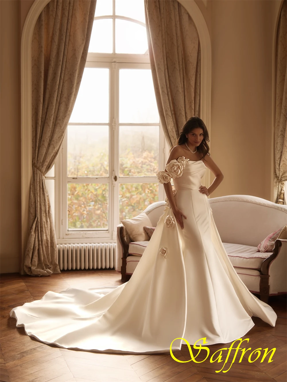 فستان سهرة رائع من الساتان بدون حمالات مخصص، فساتين زفاف حورية البحر رشيقة، فساتين مناسبة خاصة على شكل زهور