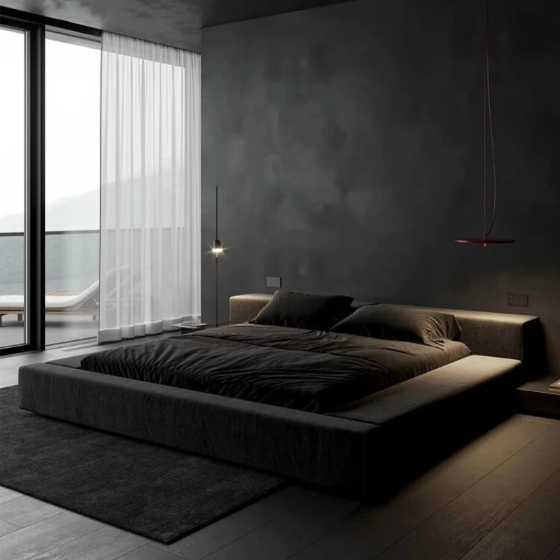 

Italian minimalist black cotton and linen art bed modern minimalist master bedroom designer tatami