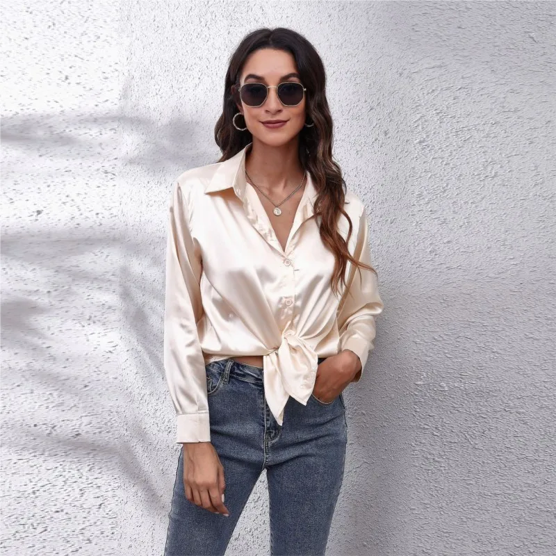 

Spring Autumn Women's Satin Blouse Tops Fashion Female Turn Down Collar Long Sleeved OL Ribbon Blouse Streetwear Commute Shirts