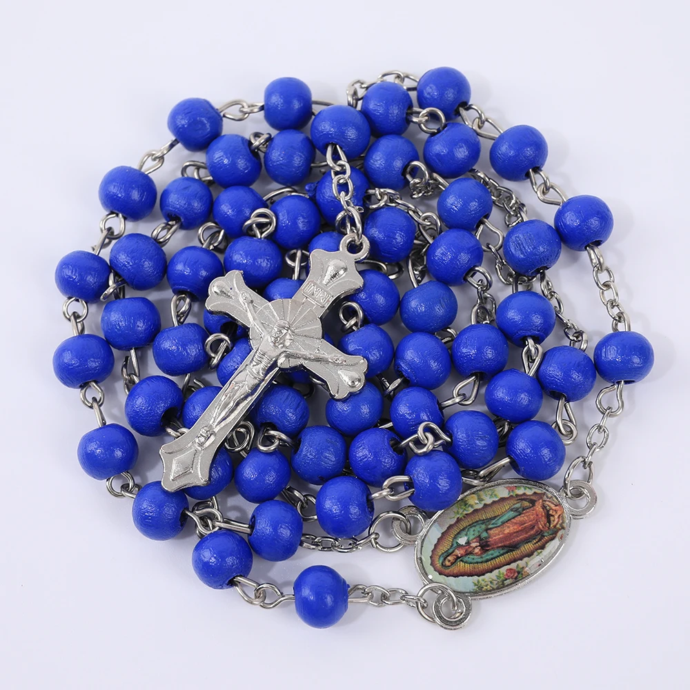 Blaue Rosenkranzkette für Damen und Herren, 6 mm, aus Holz, lange Kette, religiöser Anhänger mit der Jungfrau Maria und einem Kreuz, Herrenschmuck für Partys, Geschenk. – Detail 21