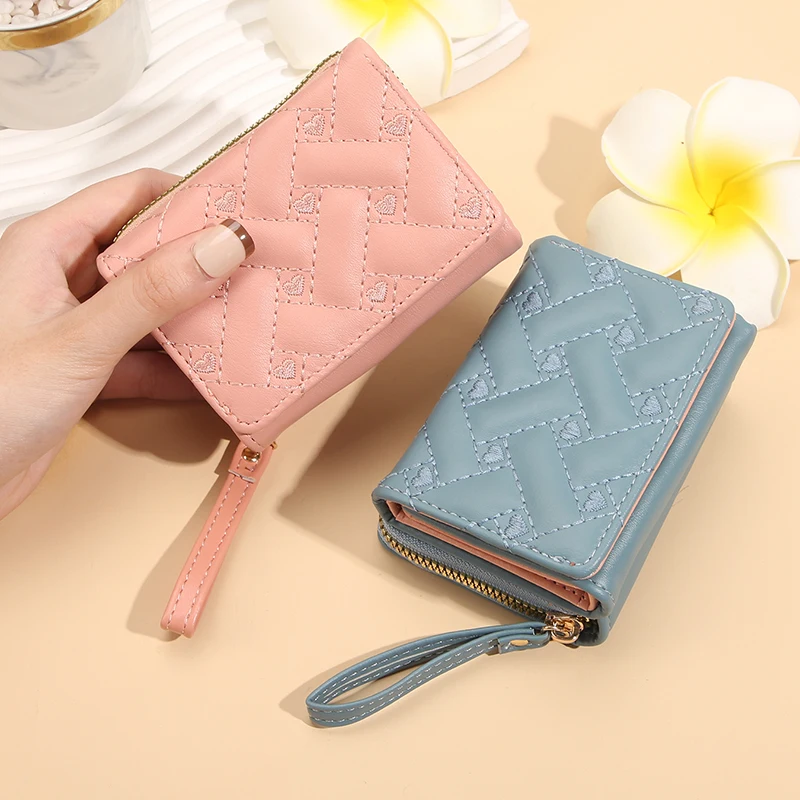 New women's short purse simple embroidered love PU three fold bag card bag multi-card wallet clip