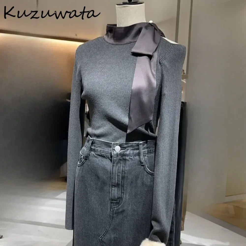 Kuzuwata All-match Knit Casual Corduroy Off Shoulder Jumper Lace Up Imperial Sister Wind Elegant Tops Japan Sexy Vintage Knitted