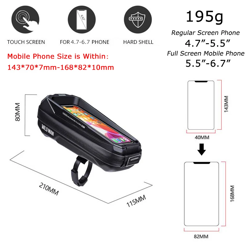 WILD MAN Waterproof Bike Front Top Tube Bag Cycling Handlebar Bag Touch Screen Bicycle Frame Bag 6.7 Inch Mobile Phone Case