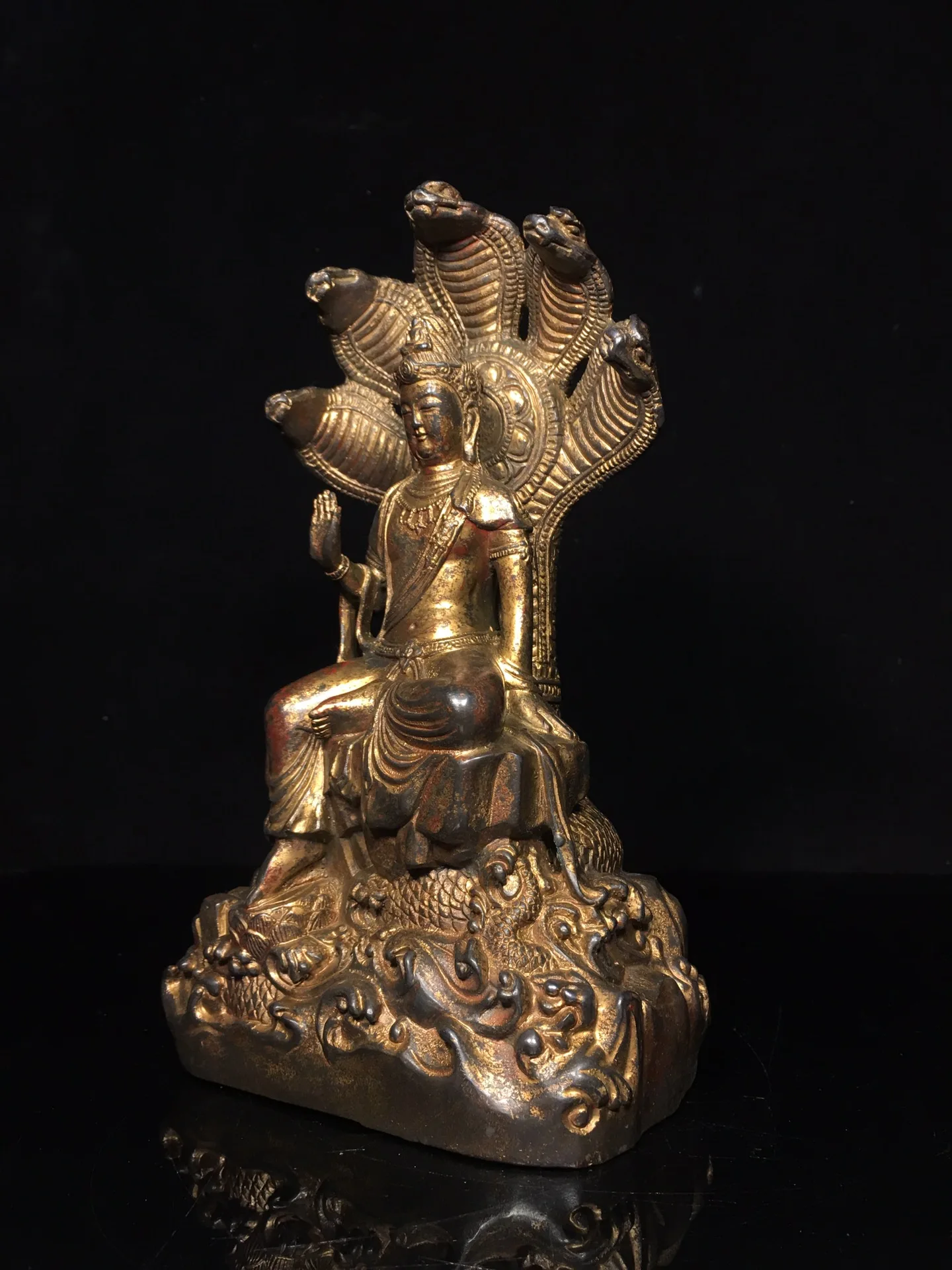 10 "المعابد النيبالية القديمة البرونزية الزنجفر الطين الذهب Nagarjuna خمسة رأس الأفعى الخلفية لوتس منصة قاعة العبادة