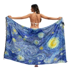 Van Gogh oil painting Twill cotton Pareo Beach Cover-Ups Women  Beach Dress Bikini Bathing Swimwear Cover Up snow Sarong Scarf