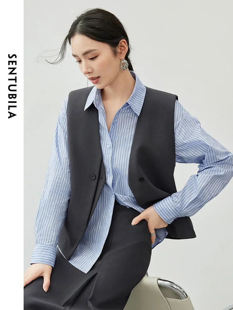 SENTUBILA Striped 100% Cotton Shirt for Women 2024 Autumn Fashion Casual Loose Turn Down Collar  Single-breasted Top 143C56763