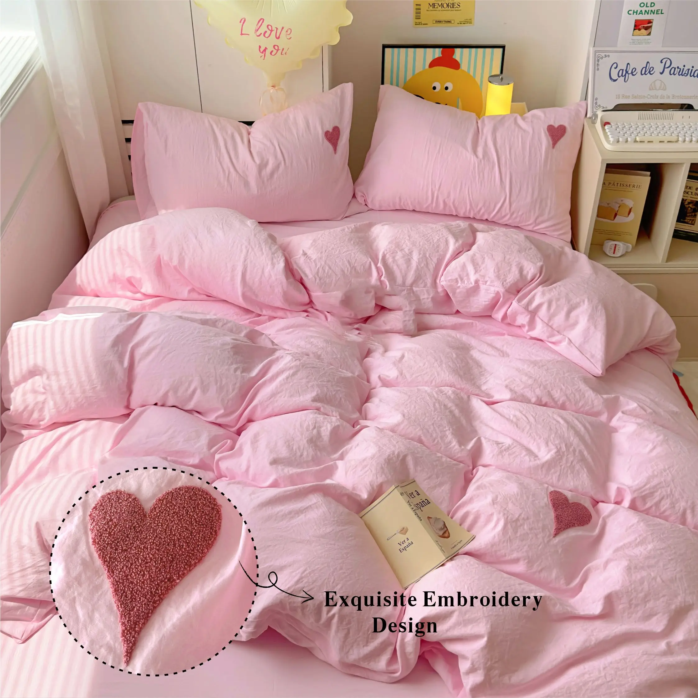 100% Washed Cotton Duvet Cover Set 3 Pieces Solid Pink Soft Bedding Set with Zipper, 1 Duvet Cover + 2 Pillowcases, Twin Full Queen Size No Comforter