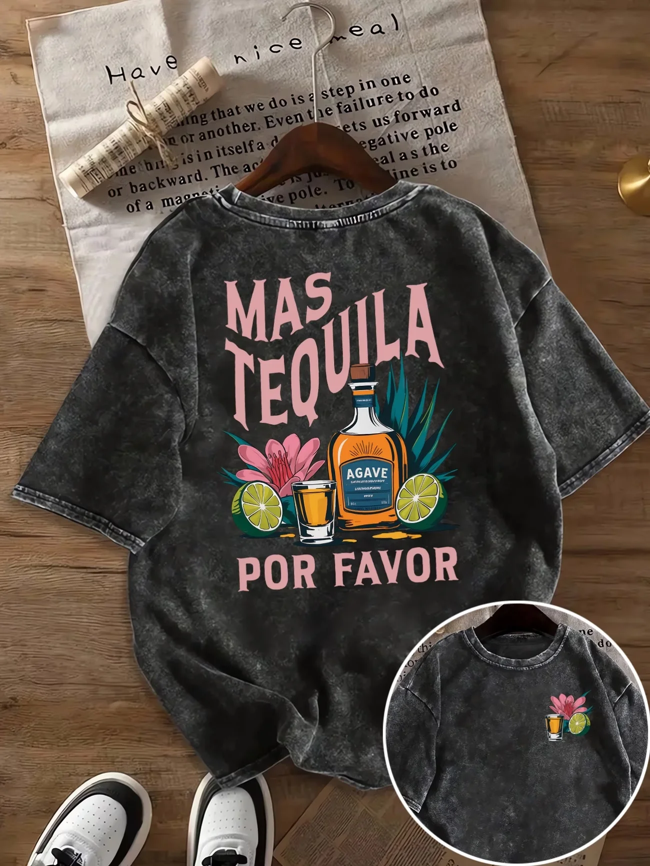 Camiseta gráfica Mas Tequila Por Favor para hombre y mujer, estilo vintage, lavado ácido, algodón, manga corta, verano, Agave, Harajuku, Streetwear