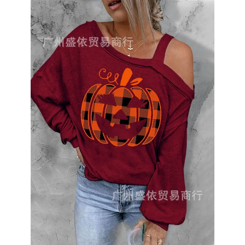 Woman Casual Off Shoulder Top Autumn & Winter Women\'s Fashion Clothes Halloween Christmas Pumpkin Print Thin Sweater for Women