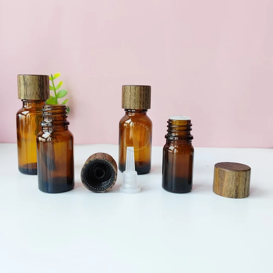 5/10/15/20/30/50/100ml Amber Blue Glass Refillable Essential Oil Bottles Vials Natural Bamboo Lids Travel Makeup Small Container