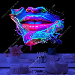 Girl's Face UV Reactive Tapestry Juicy Lips Neon Background Wall Hanging for Psychedelic Art Mystic Kawaii Room Decor Aesthetics
