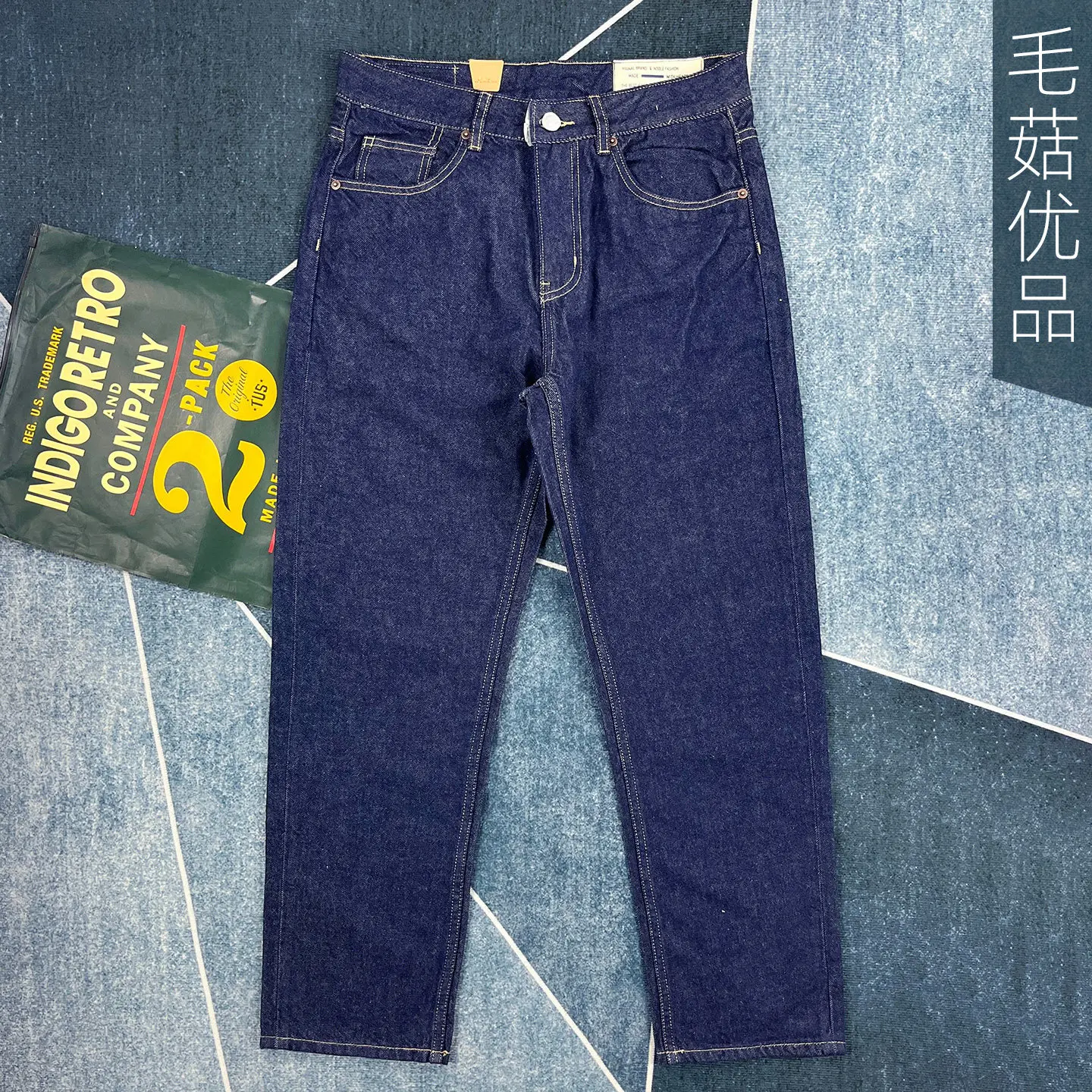 

Raw Unsanforized Washed 100% Cotton American Retro Straight-Fit Denim Jeans for Men Spring Mid-Rise Dark Blue Pants Amekaji