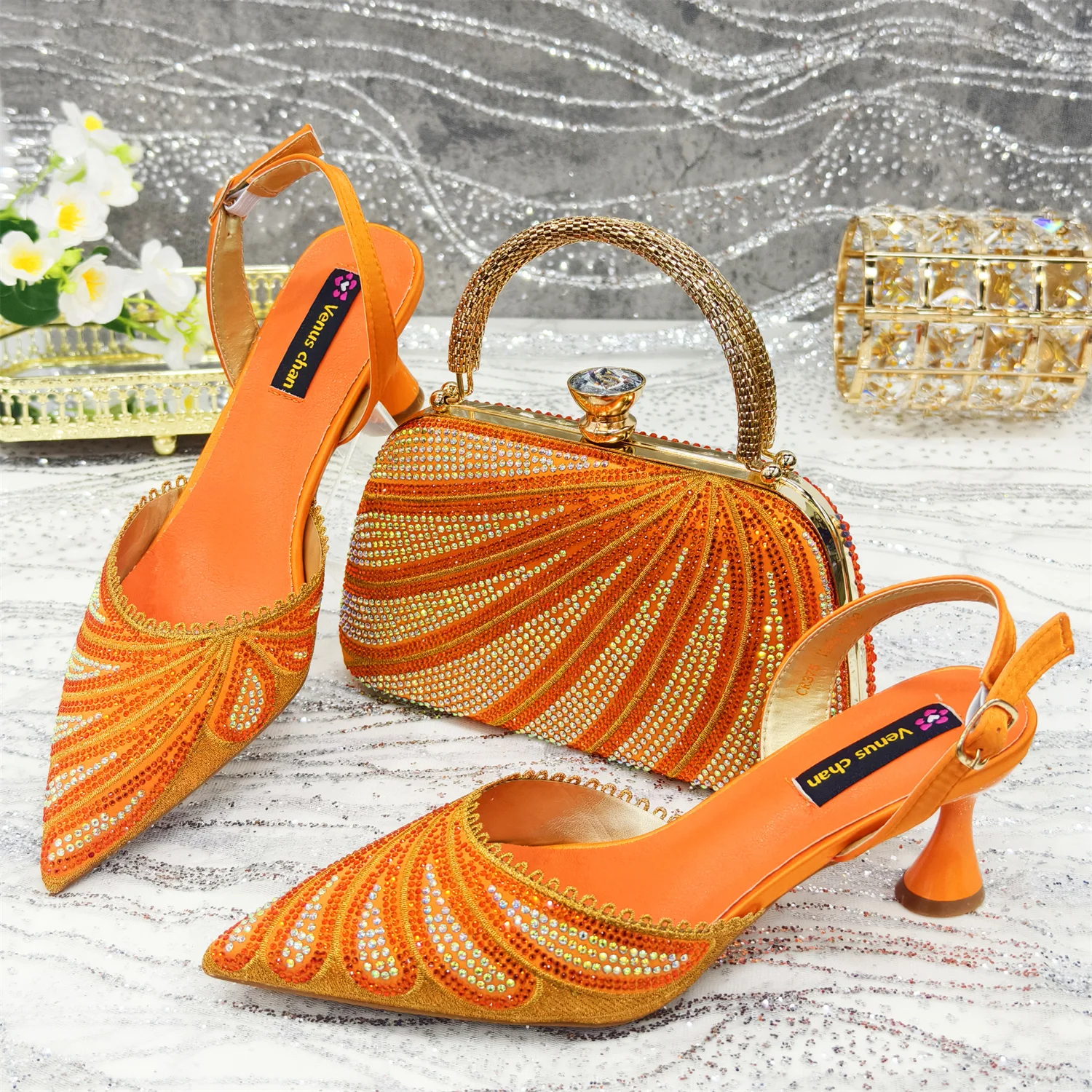 Venus Chan 2025 New Shoes and Bag to Match Orange Colour Pointed-Toe Diamond-Studded Party Women's High Heels Ms. Banguet Scene