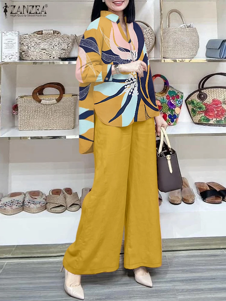 

2025 ZANZEA Spring 2pcs Outfit Women Long Sleeve Shirt Work Pant Set Casual Wide Leg Trouser Suit Autumn Floral Print Tracksuits