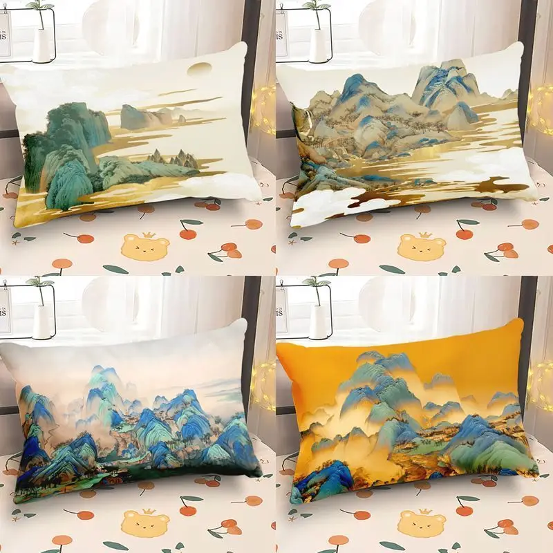 

Modern mat Chinese Lacape Waterfall View Pillowcase Sofa Living Room Couch Cuion Cover Removable Waable Velvet