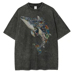 Whale Print Graphic T-shirts for Men Casual High Street Printed Oversized T Shirt Distressed Washed Cotton Men's Tops