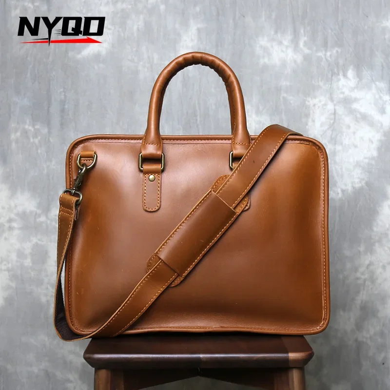 Vintage Men's Briefcase Crazy Horse Leather Laptop Bag Horizontal Zipper Top Layer Cowhide Solid Color Crossbody Computer Bag