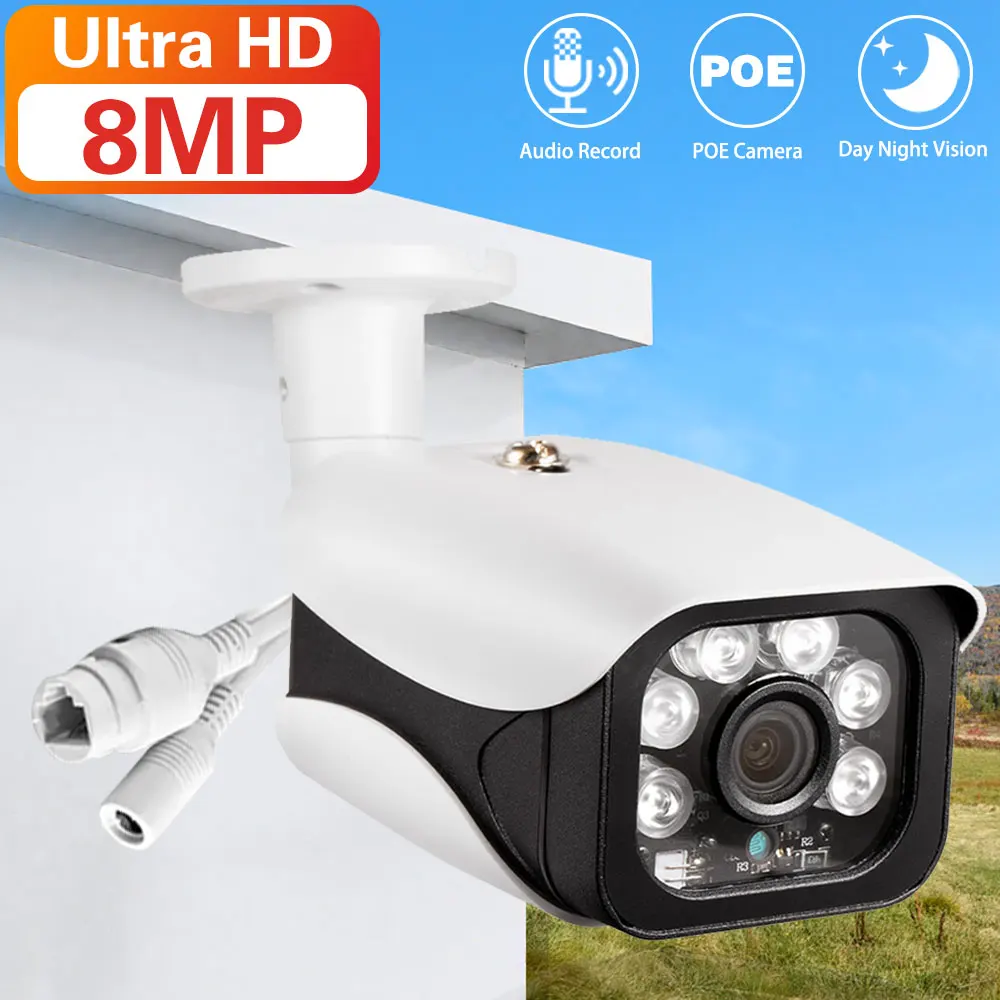 4K 8MP Poe IP Security IP Camera Human Detection Audio Record  Infrared IR 50M Built-in MiC Surveillance Bullet Video For Nvr