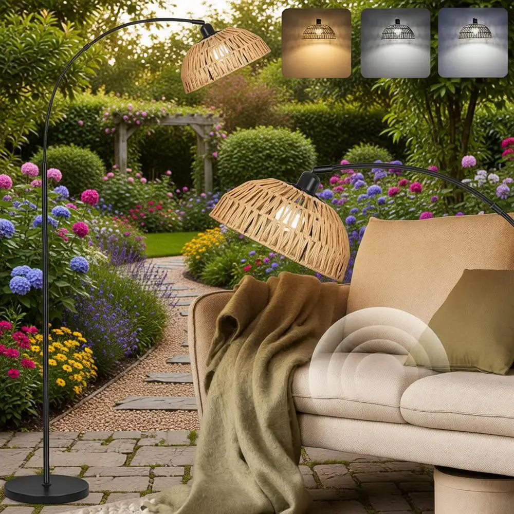 

Черные напольные светильники с пультом дистанционного управления и лампой с регулируемой яркостью, с регулируемыми вручную плетеными абажурами из ротанга для гостиной